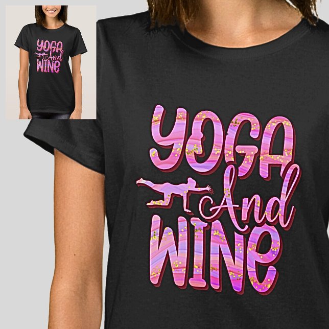 Olas rosadas de yoga y vino en camiseta negra (Subido por el creador)