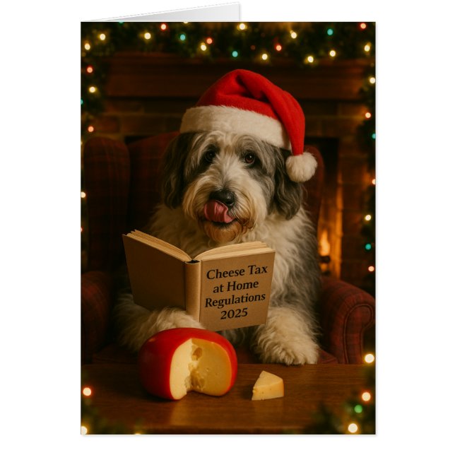 Old English Sheepdog 'Cheese Tax' Christmas card (Frente)