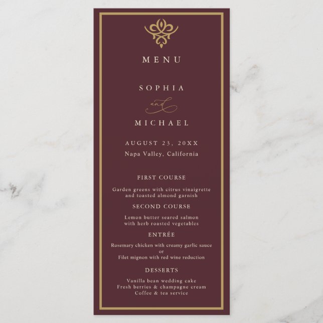 Old Money Burgundy Wedding Flat Menu (Anverso)