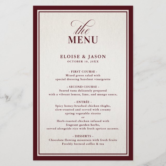 Old Money Modern Formal Burgundy Wedding Menu (Anverso)