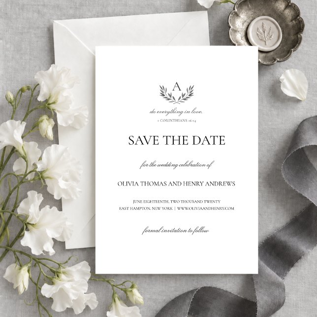 Oliva Tarjeta de Compromiso de Boda Cristiana Mono (This elegant save the date card features your monogram and a Bible verse on love.)