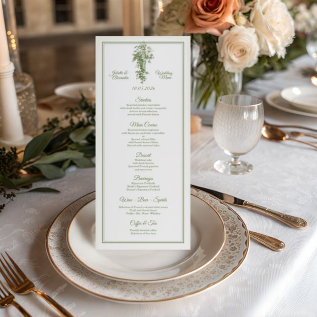 Olive Green Toile de Jouy Wedding Menu Card (Subido por el creador)