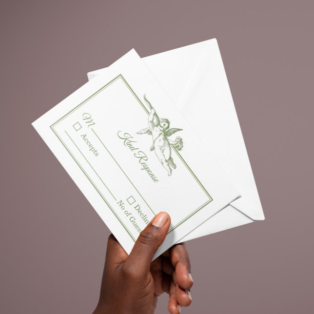Olive Sage Toile de Jouy Cherub Wedding RSVP Card (Subido por el creador)