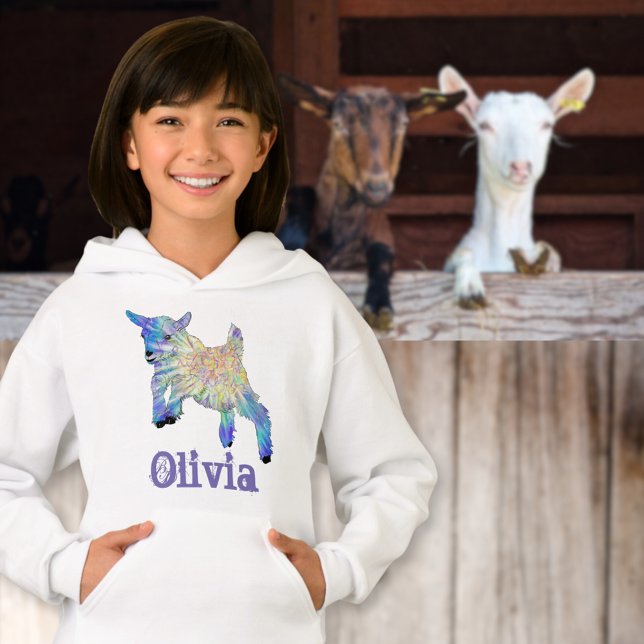 Olivia Añadir nombre a la granja de cabras de bebé (Cute jumping baby goat colorful animal art custom name girls sweatshirt)
