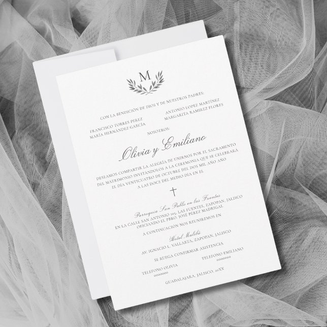 Olivia Invitación de Boda Catolica Boda (Elegante invitación de boda católica en español en paleta de colores grises)