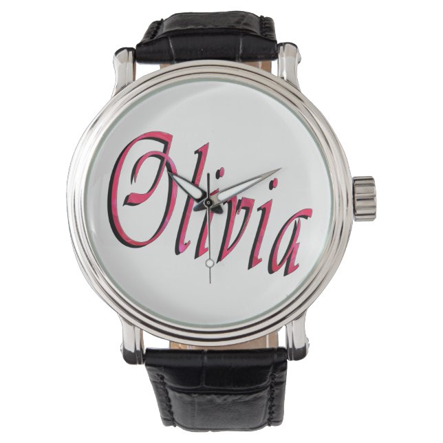 Olivia, Nombre, Logo, Gran Reloj de Cuero Negro. (Anverso)