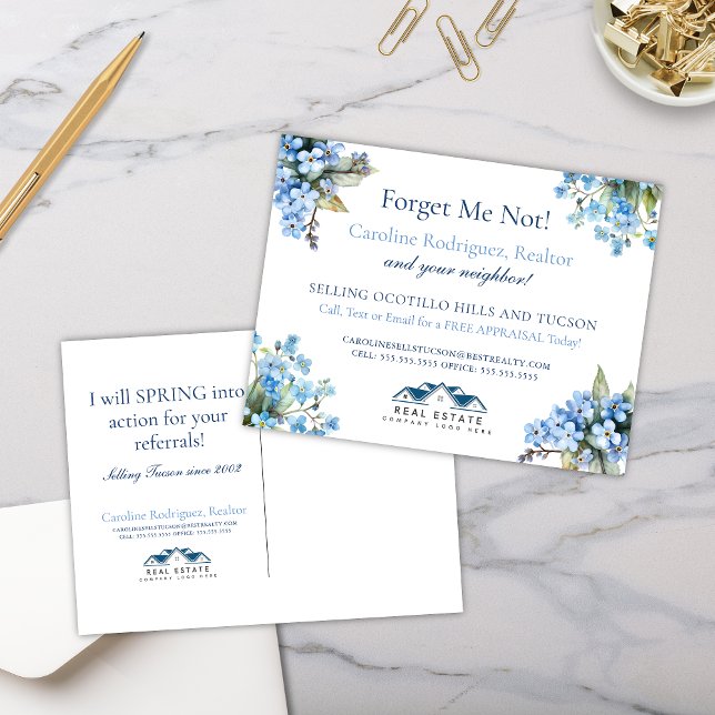 Olvídate de la primavera de postales inmobiliarias (Elegant professional forget me not real estate marketing postcards for broker business realty ad)