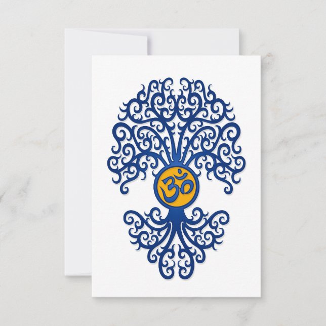 Om Tree de yoga azul y amarillo en blanco (Anverso)