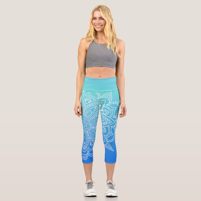 Ombre Turquesa Azul Mandala Yoga Capri Leggings (Anverso)