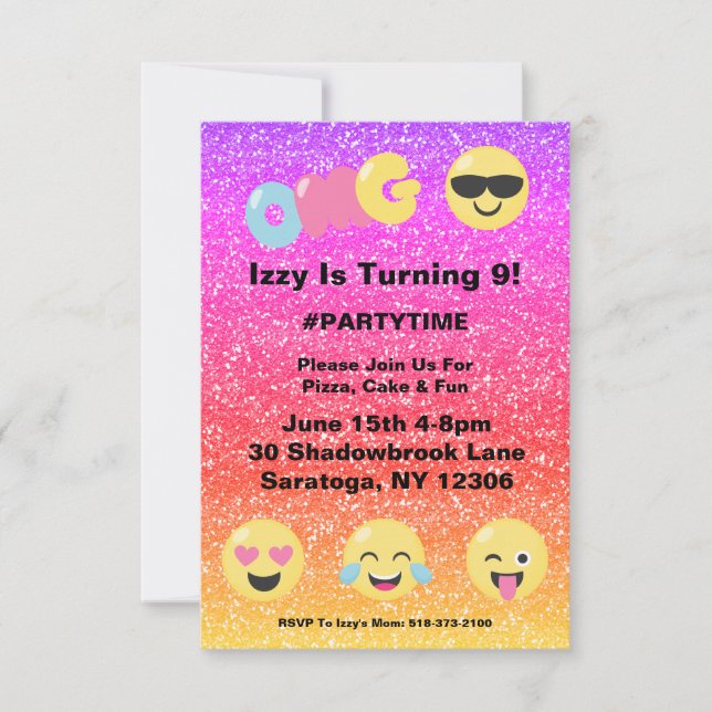 OMG Ombre Purpurina Emoji Invitación de cumpleaños (Anverso)