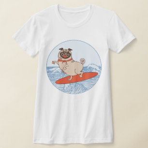 Onda montando perro de cerdo feliz en la camiseta 