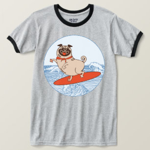 Onda montando perro de cerdo feliz en la camiseta