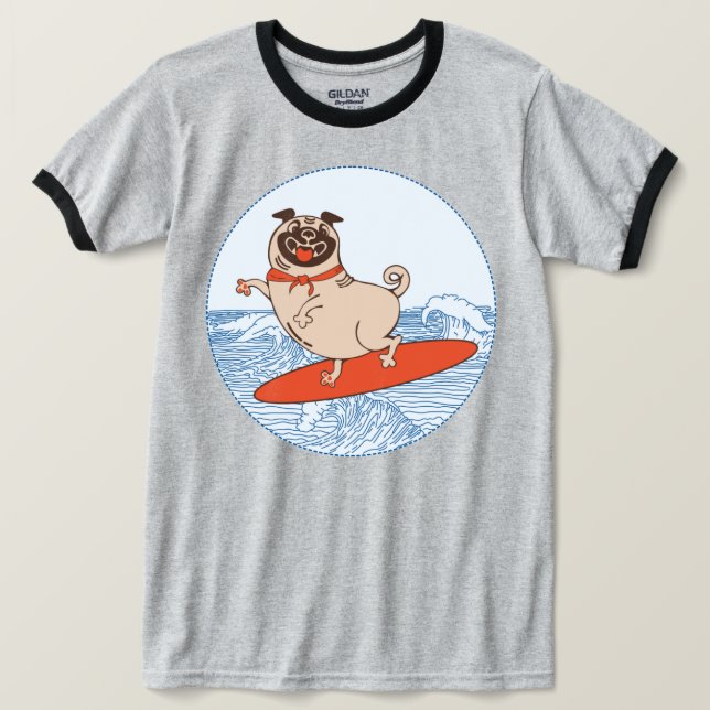 Onda montando perro de cerdo feliz en la camiseta  (Anverso del diseño)