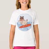 Onda montando perro de cerdo feliz en la camiseta 