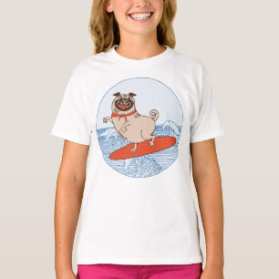 Onda montando perro de cerdo feliz en la camiseta 