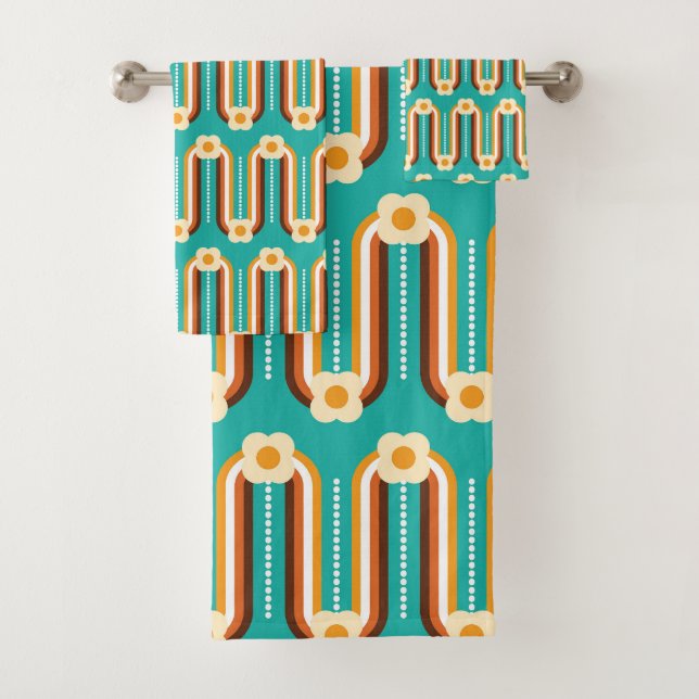 Ondas y flores retro, Verde azuladas, Naranjas, ch (In situ)