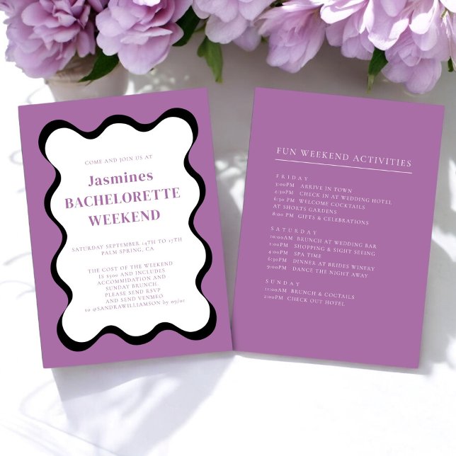 ondear la moderna y divertida soltera Invitación (purple and black wave retro bachelorette weekend invitation )