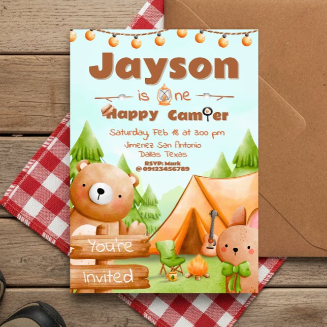 One Happy Camper - Invitación de primer cumpleaños (One Happy Camper - 1st birthday Invitation)