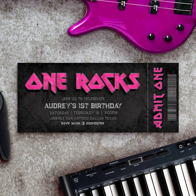One Rocks - Invitación al primer billete de cumple (One Rocks - Girl 1st Birthday Ticket Invitation)