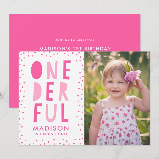 Onederful | Invitación de cumpleaños con foto para (Anverso / Reverso)