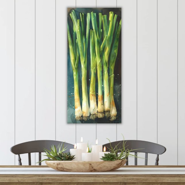 Oniones verdes acuarela Arte culinario vertical (Printed Canvas Sleek Vertical Watercolor of Green Onions for Kitchen Dining Farm to Table)
