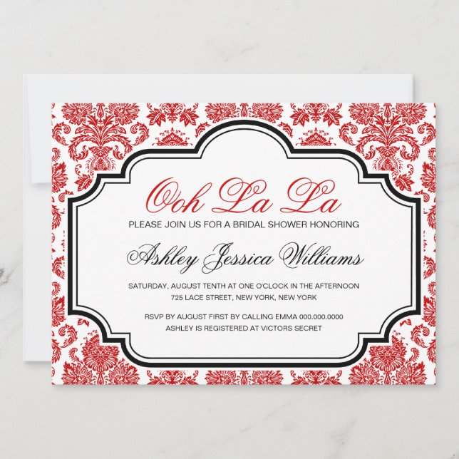 Ooh La La Red Damask Invitaciones a la ducha de no (Anverso)