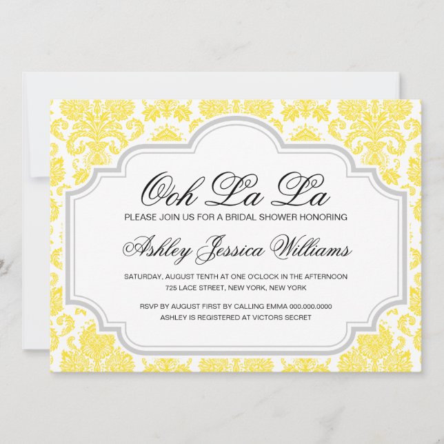 Ooh La La Yellow Damask Bridal Shower Invitaciones (Anverso)