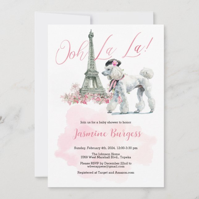 Ooh La Poodle Paris Invitación a Baby Shower (Anverso)