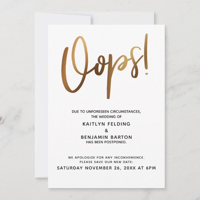 ¡Oops De Humor De Oro Boda Pospuesto! Tarjeta (Anverso)