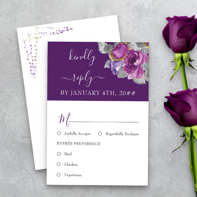 Opción de Comida Purple Floral Boda RSVP (Purple floral RSVP card with meal options from my Plush Purple Wedding Collection )