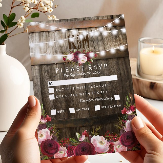 Opción de RSVP de menú de boda floral borgoña rúst (Subido por el creador)