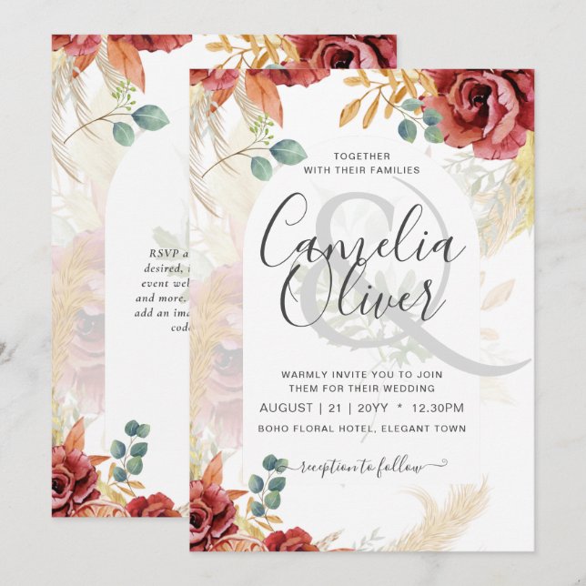 Opción digital de invitación a bodas florales de B (Anverso / Reverso)
