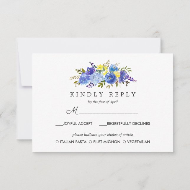 Opción RSVP MEAL de la boda floral amarilla azul (Anverso)