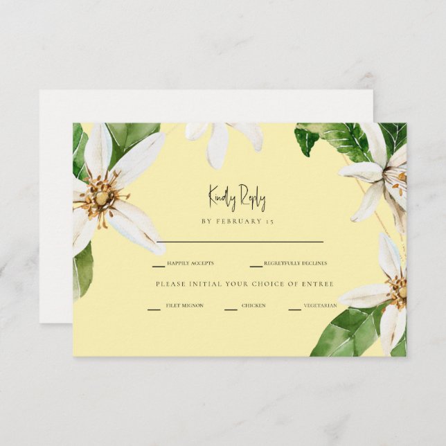 Opciones de cena floral amarilla blanca RSVP (Anverso / Reverso)