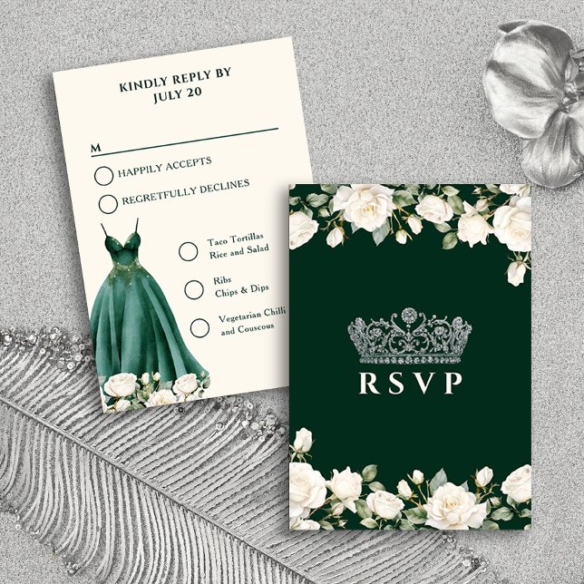 Opciones del menú de la quinceañera verde del vest (RSVP Card from the Princess Dress and Roses Quinceanera Collection by Darling & May)