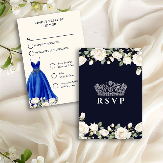 Opciones del menú Princess Dress Blue Quinceanera (RSVP Card from the Princess Dress and Roses Quinceanera collection by Darling & May)