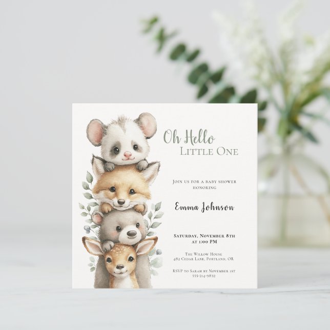 Opossum Woodland Baby Shower Invitation (Anverso de pie)