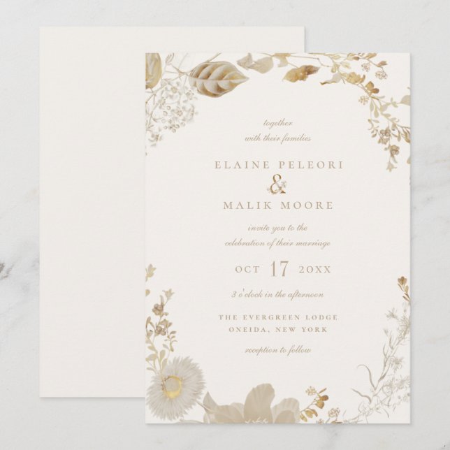 Opulenta Invitación a la Boda de Jardín Dorado (Anverso / Reverso)