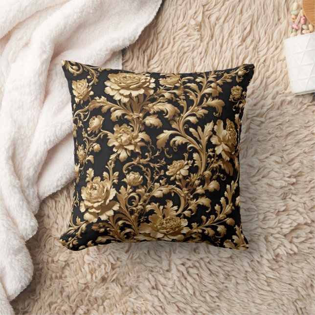 Opulento almohada floral barroca negra y dorada (Manta)