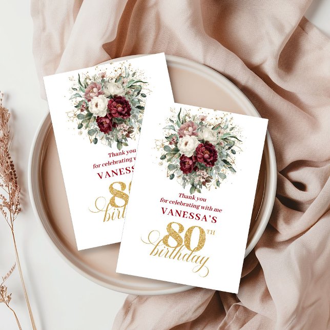 Opulento Rosa Burdeos Cumpleaños 80 Agradecimiento (Opulent Blush Burgundy 80th Birthday Thank You Card)