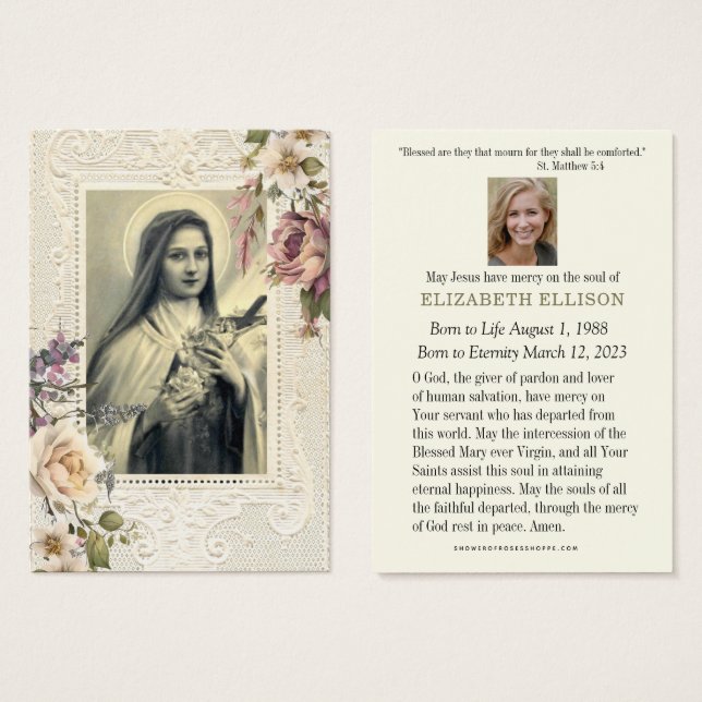 Oración católica funeral floral St Therese (Anverso y reverso)