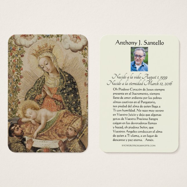 Oración conmemorativa de la Virgen Funeral Español (Anverso y reverso)