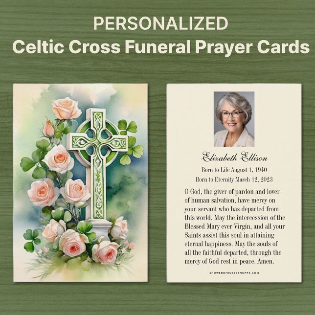 Oración en memoria de funerales de la Cruz Celta C (Irish Celtic Cross with Peach Roses Catholic Funeral Memorial Prayer Cards)
