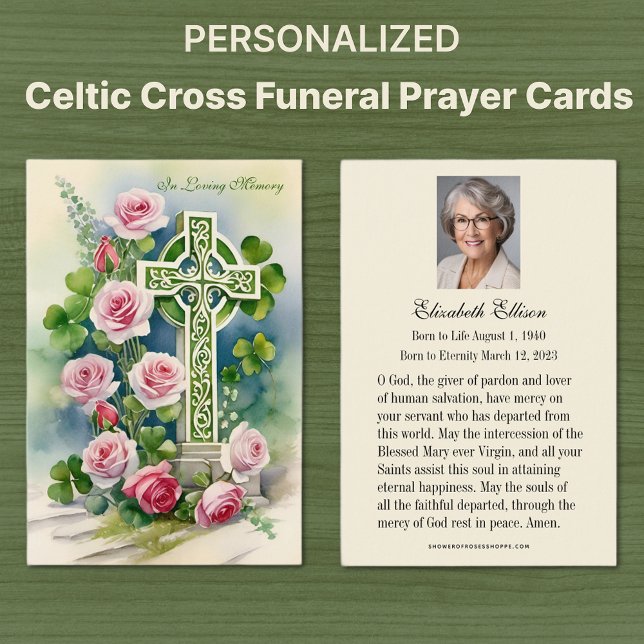 Oración en memoria de funerales de la Cruz Celta C (Irish Catholic Celtic Cross with pink roses funeral memorial prayer cards)