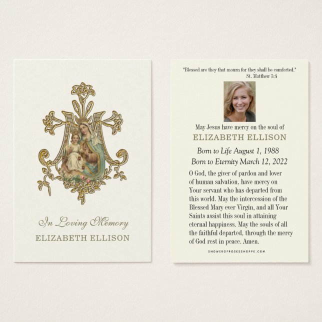 Oración funeraria Virgin Mary MOUNT CARMEL (Anverso y reverso)