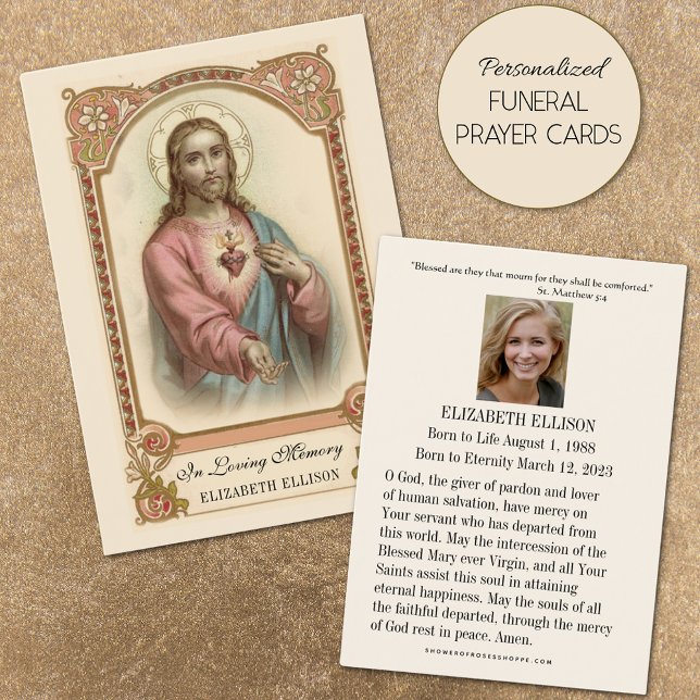 Oración religiosa del Sagrado Corazón de Jesús Fun (Featuring traditional Catholic Sacred Heart of Jesus personalized funeral prayer cards)