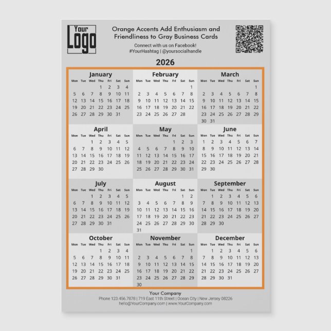 Orange Accents & Logo Gray 2026 Calendar Magnet (Anverso)