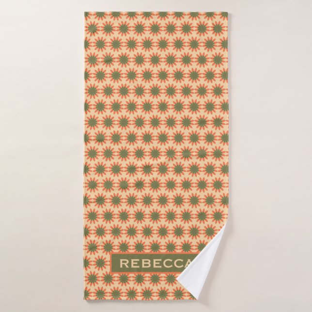 Orange and Green Retro Flower Pattern Personalised (Toalla de baño)