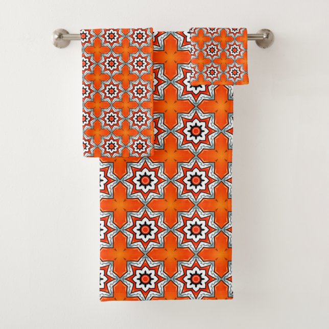 Orange and white geometric mandala pattern Towel (In situ)