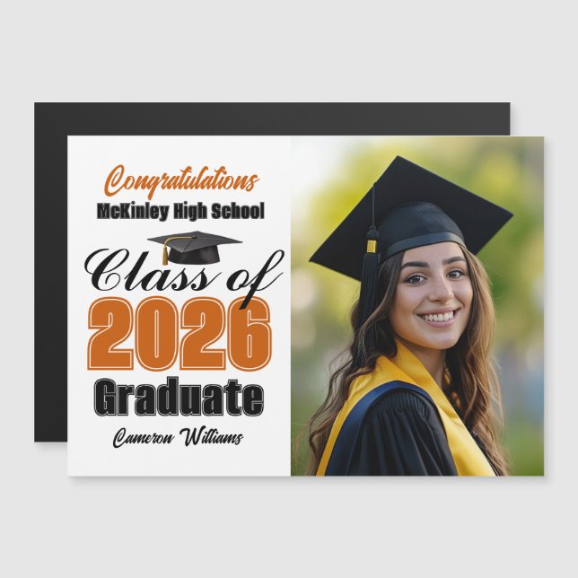 Orange Class of 2026 Graduation Photo Magnet Card (Anverso/Reverso)